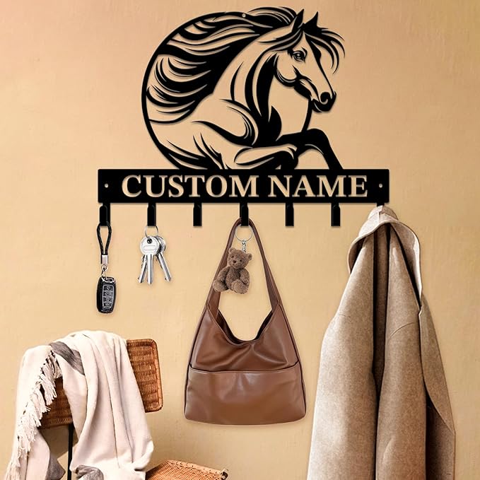 Personalized Custom Name Farm Horse Wall Key Hooks,Metal Horse Art Clothes Hooks,Metal Horse Wall Home Storage Decorative,For Front Door, Hallway, Kitchen, Bedroom,Keys,Hats (Style J)