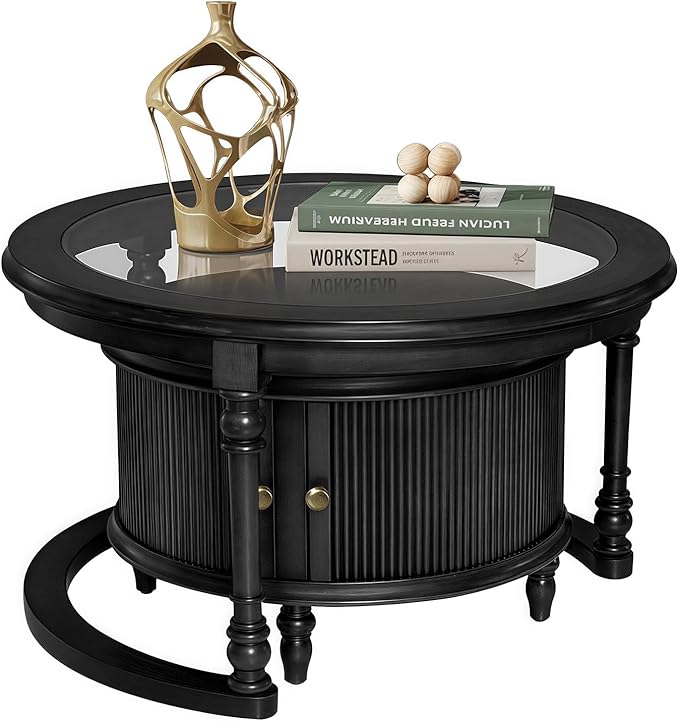 31.5'' Black Nesting Coffee Table Set of 2, Solid Wood Round Nesting Coffee Table Fluted with Storage for Living Room Office
