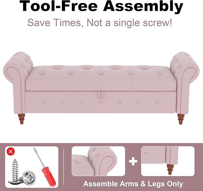 GNIXUU Ottoman with Storage Bench for Bedroom, 63" Velvet Upholstered End of Bed Storage Bench Seat, Rolled Arm Cushioned Ottoman with Wood Legs, Modern Window Chair for Living Room, Entryway, Pink