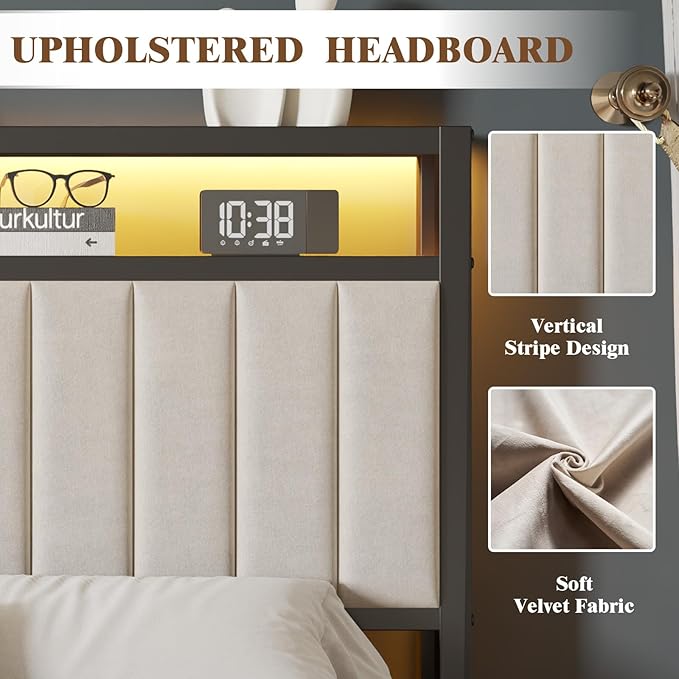 King Bed Frame with LED Light and Charging Station, Velvet Upholstered Headboard with Storage Shelf, Heavy Duty Metal Slats/No Box Spring Needed/Easy Assembly, Beige