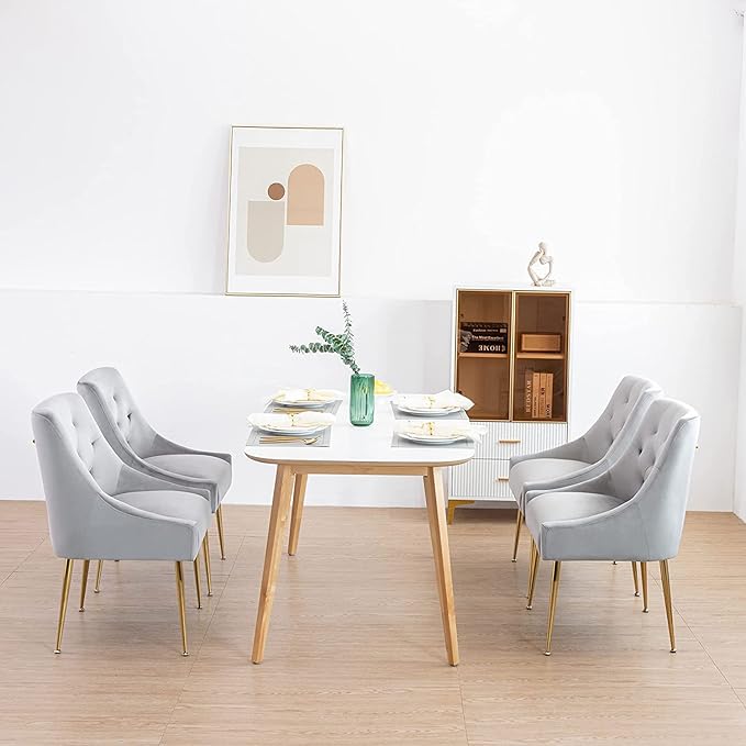 Modern Dining Chairs Set of 4, Mid Century Dining Chairs with 5.12” Cushions and Golden Legs, Velvet Upholstered Chairs with Back Pull Rod, for Kitchen, Living Room, Grey