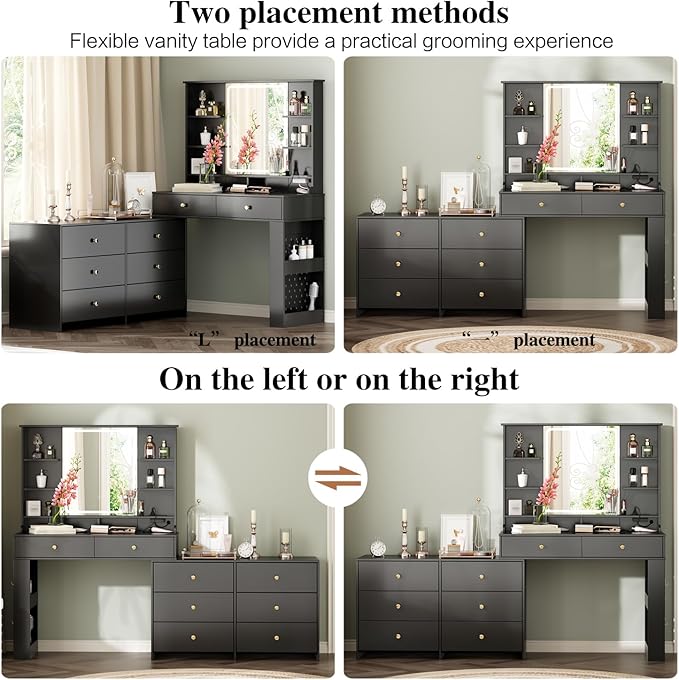 Large Makeup Vanity Desk with Mirror and Lights, Vanity Desk with 8 Drawers & Storage Shelves, Vanity Table with Power Outlet, 3 Color Modes & Adjustable Brightness Dressing Table, Bedroom,Black