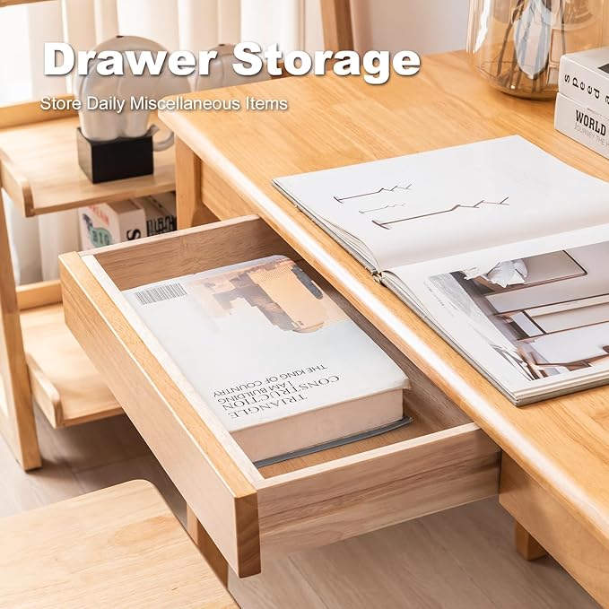 Solid Wood Desk with Drawer, Small Computer Desk for Small Spaces, Gaming Study Home Office Desks for Work, Student PC Desk for Bedroom, Escritorios para Cuartos (Wood Color, 39.4 inch)