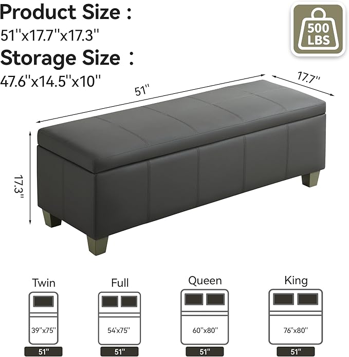 51" Faux Leather Storage Ottoman, Stitch Tufted Rectangle Upholstered End of Bed Storage Bench, Entryway Large Couch Ottoman with Wooden Legs,Dark Grey