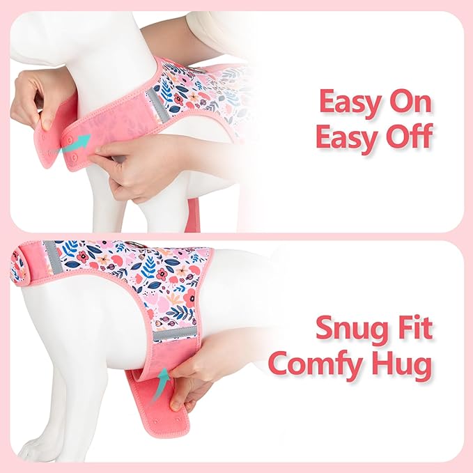 Dog Harness for Small Sized Dog,Hook-and-Loop Easy On/Off, Reflective Adjustable Soft Mesh Vest for Puppy (Pink Floral Print,M)