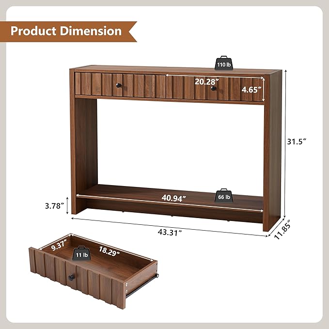 AVZEAR Entryway Console Table with Fluted Drawers, Mid Century Entryway Table with Storage, 43" Long Couch Table Behind Sofa Narrow Sofa Table Console Tables for Living Room Hallway Entrance, Walnut