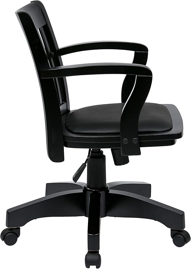 OSP Home Furnishings Deluxe Wood Banker's Desk Chair with Padded Seat, Adjustable Height and Locking Tilt, Black Finish and Black Vinyl