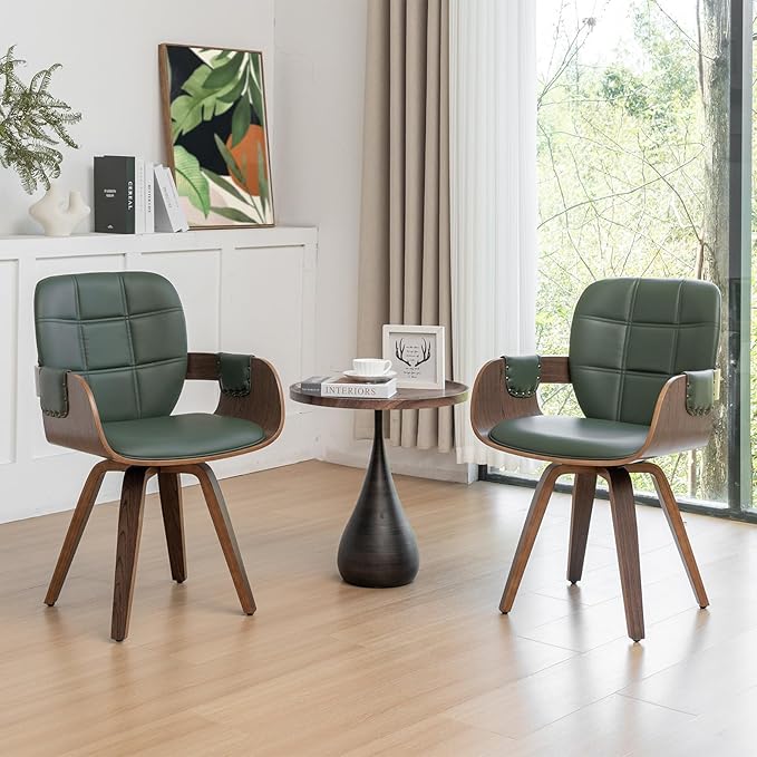 Set of 4 MCM dining Chairs - Swivel Faux Leather Dining Chairs with Arms and Curved Back, Bentwood Structure, Walnut Craftsmanship, Versatile for Kitchen/Restaurant/Conference Room (Walnut Green)