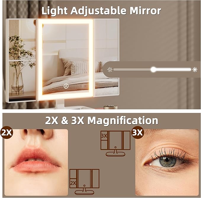 Small Makeup Vanity Desk 27.5''W with Mirror and Lights, Vanity Desk with 3 Fabric Drawers and Height-Adjustable Stand, Vanity Table for Girls Gifts, Bedroom and Small Spaces, White&Pink