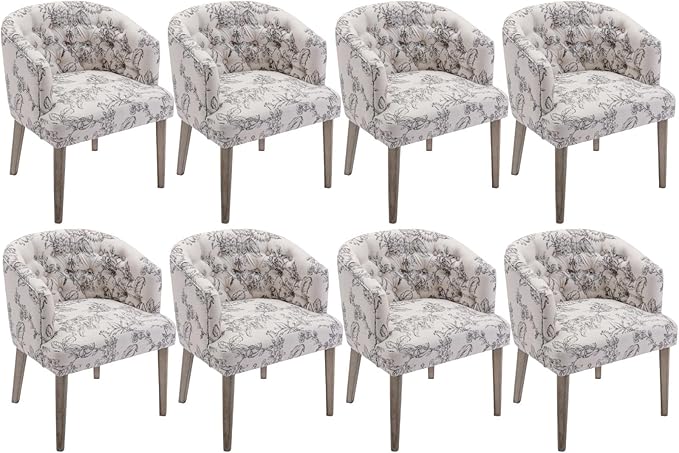 DUOMAY Modern Tufted Dining Chairs Set of 8, Linen Upholstered Side Chair, Comfy Accent Barrel Chair with Wood Legs for Home Kitchen Dining Room Living Room Restaurant, Beige Flower Pattern