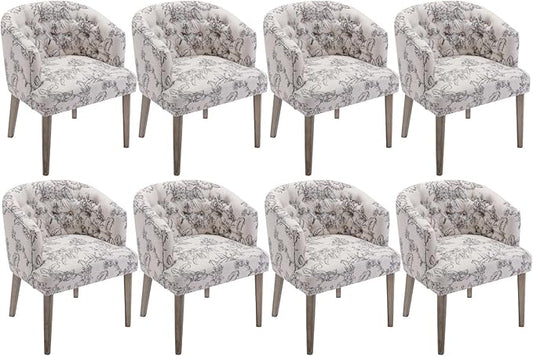 DUOMAY Modern Tufted Dining Chairs Set of 8, Linen Upholstered Side Chair, Comfy Accent Barrel Chair with Wood Legs for Home Kitchen Dining Room Living Room Restaurant, Beige Flower Pattern