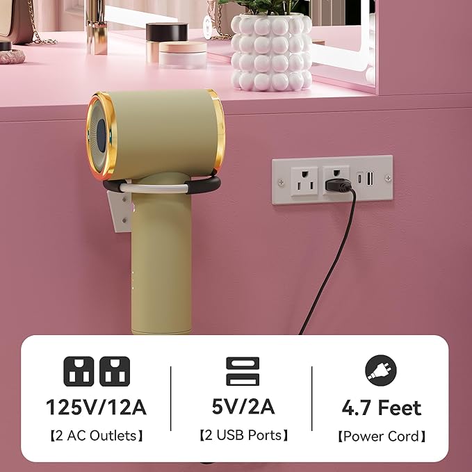 YITAHOME Pink Vanity Desk with LED Mirror: 35 inch Makeup Table with Charging Station, 4 Drawers and Stool, Adjustable Light Dressing Table for Women