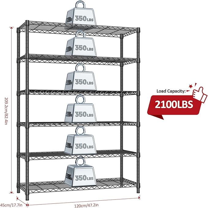 IZEUK 6-Tier Heavy Duty Metal Wire Shelving Unit, Adjustable Storage Rack Organizer for Garage, Kitchen, Office, Basement, Warehouse (Black, 17.7" D x 47.2" W x 82.7" H)