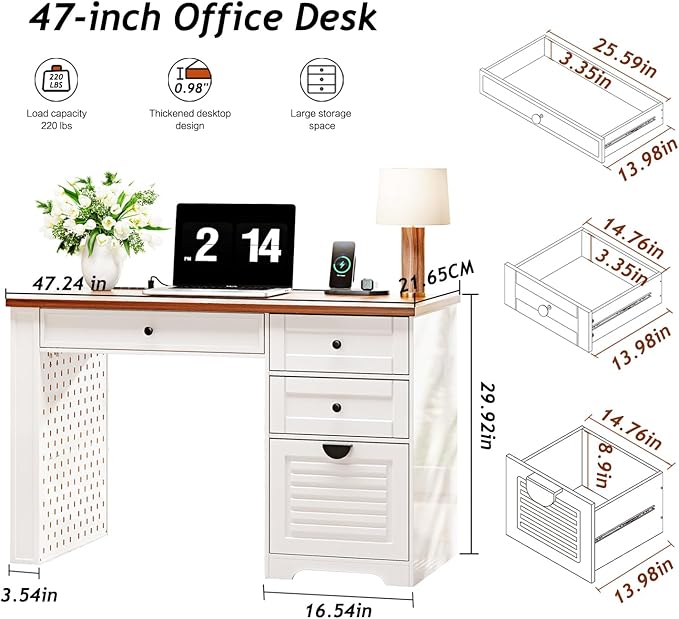 47" Home Office Desks, Executive Desk, Farmhouse Computer Desk with Drawers and Charging Station, File Drawer, Storage Cabinet, Rustic Computer Writing Desk,Antique White