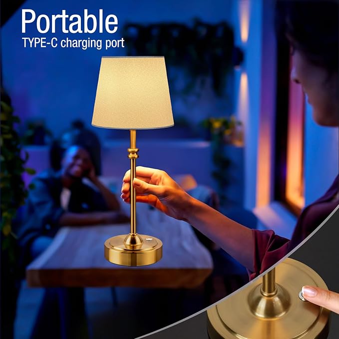 ONEWISH Cordless Table Lamps Set of 2 - Battery Powered Lamp, 4000mAh Rechargeable, Stepless Dimmable, Wireless Lamp with Fabric Shade, 2700K Warm Ambient Light for Dining, Patio, Bathroom(Gold)
