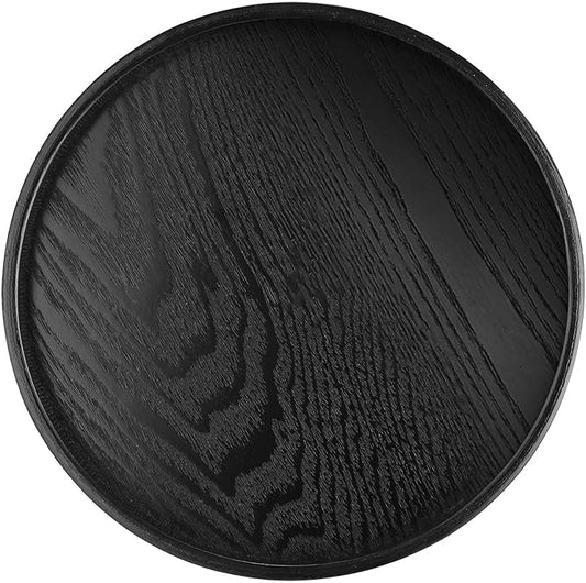 Round Solid Wood Serving Tray 30CM Black,Decorative Wooden Serving Plate for Tea Coffee Snack Food Meals,Ottoman Breakfast Tray with Raised Edge,for Home,Kitchen,Bathroom,Party,Restaurant Decor(11.8")
