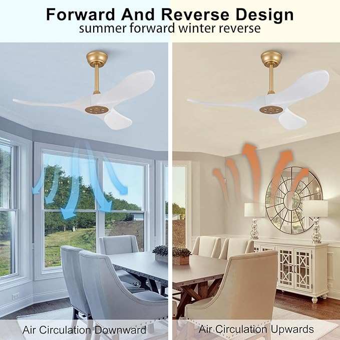42 Inch Solid Wood Ceiling Fan with Remote,White and Gold, no Light, 6 Speeds, Reversible DC Motor, Modern Ceiling Fans Without Lights for Outdoor Indoor Bedroom Farmhouse,Patios