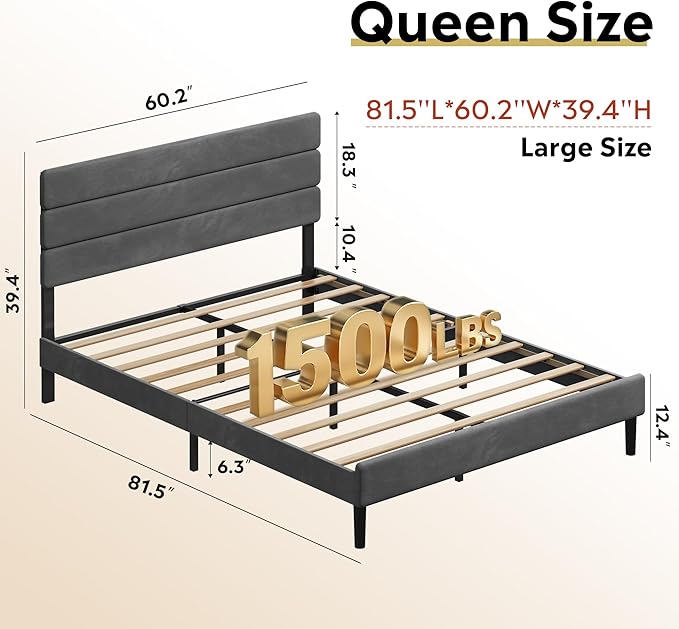 WLIVE Queen Size Upholstered Bed Frame, Velvet Square Tufted Headboard, Sturdy Metal & Wooden Slats Support, No Box Spring Needed, Light Grey