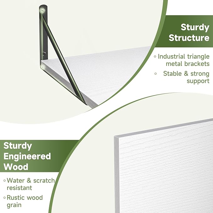 Heimlove 12 Inch Deep Floating Shelves for Wall, 16W x 12D Wide White Floating Shelves Heavy Duty Wall Mounted Shelves, Wood Shelves for Living Room Bedroom Bathroom Kitchen- Set of 4