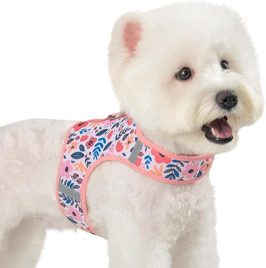Dog Harness for Small Sized Dog,Hook-and-Loop Easy On/Off, Reflective Adjustable Soft Mesh Vest for Puppy (Pink Floral Print,S)
