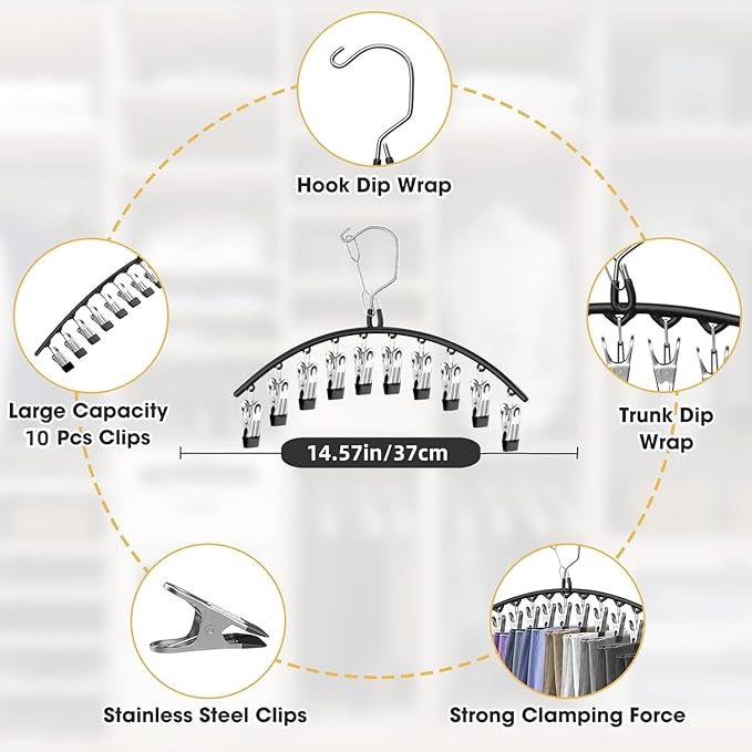 3 Pack Skirt Pants Hangers with Clips, Legging Organizer for Closet Hanging with 10 Cilps Holds 30 Leggings/Shorts/Jeans/Skirts Pants Hangers Space Saving Closet Organizers and Storage, Black