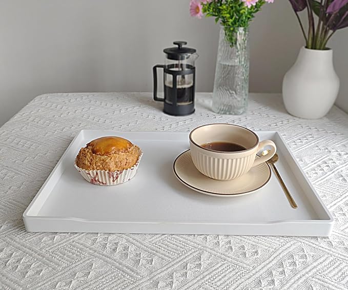 White Serving Tray (15 x 10.6 inch), Large Serving Accessory, Fruit, Spa, Coffee, Drinks, Tea, Bar, Party, Seasoning, Perfume, Decorative and Display Use.