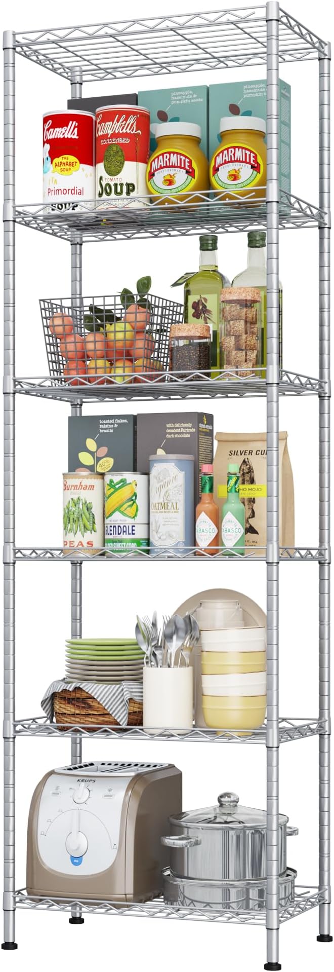 HOMEFORT 6-Shelving Unit, Adjustable Wire Shelving, Metal Wire Shelf Rack Organizer for Kitchen, Pantry, Closet, Bathroom, Laundry, Sliver,21" W x 11" D x 69" H