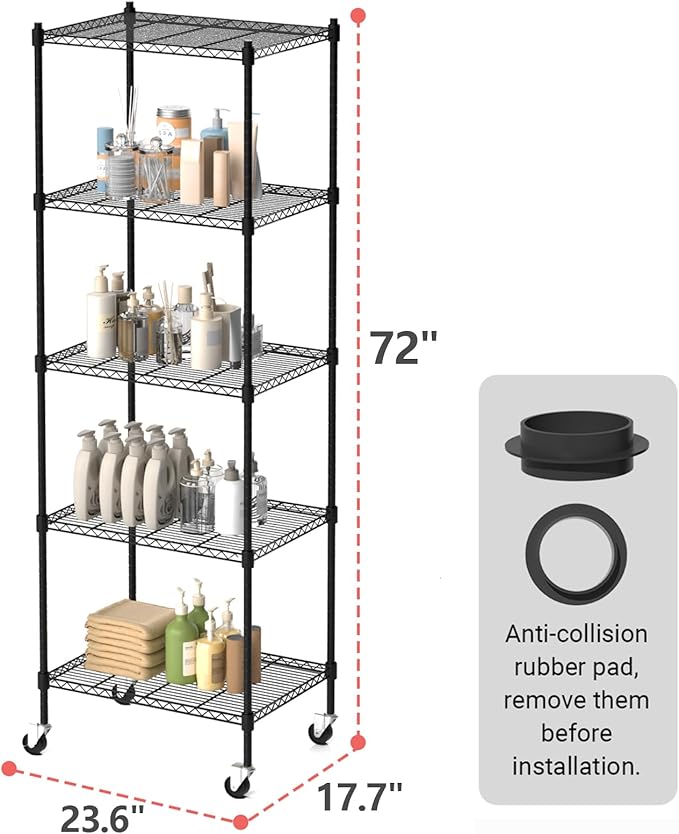 5 Tier Storage Shelves with Wheels, Heavy Duty Metal Garage Shelving Unit and Adjustable Feet, 865lb High Capacity Rolling Storage Shelf for Kitchen, Office, Dining Room (23.6"x 17.7"x 72"), Black