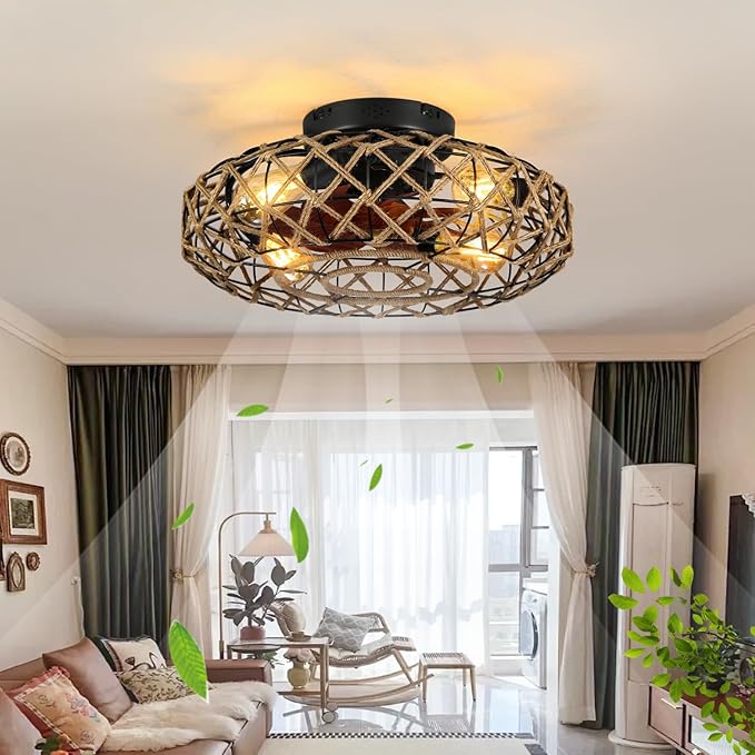 20''Rustic Hemp Rope Caged Ceiling Fans with Lights and Remote Hand-Woven Rattan Flush Mount Ceiling Fan with Light Farmhouse Boho Include Bulbs 6 Speeds Reversible for Bedroom,Kitchen Island