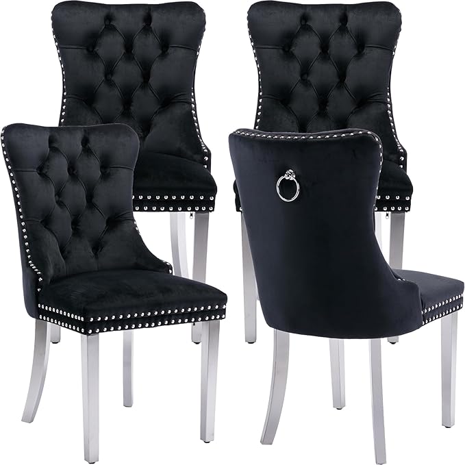 Luxury Upholstered Dining Chairs Set of 4, Black Kitchen Chair with Silver Metal Legs, Velvet Tufted Back Dining Chair, Sillas de Comedor, Modern Kitchen & Dining Room Chairs (Black, 4 Pcs)