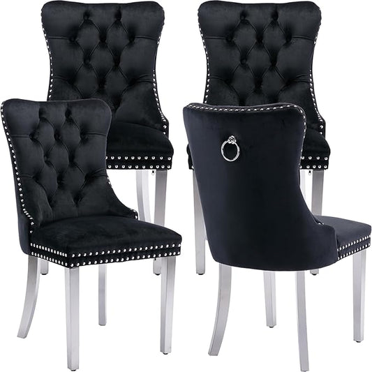 Luxury Upholstered Dining Chairs Set of 4, Black Kitchen Chair with Silver Metal Legs, Velvet Tufted Back Dining Chair, Sillas de Comedor, Modern Kitchen & Dining Room Chairs (Black, 4 Pcs)