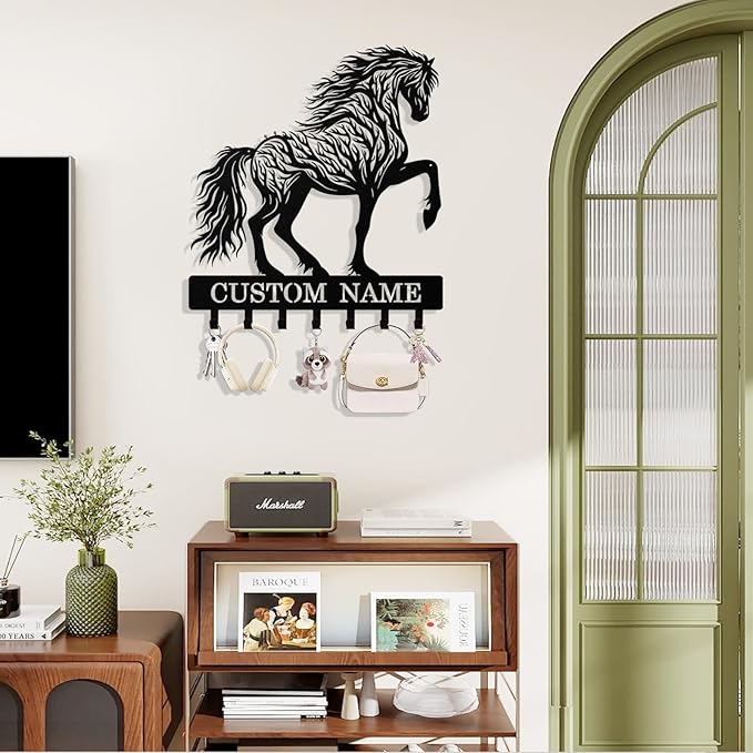 Personalized Horse Key Holder Wall Mount, Custom Metal Keys Hanger for Wall with Name, Custom Key Rack Holder with Hooks for Home, Entryway, Front Door, Living Room, Kitchen, Bathroom