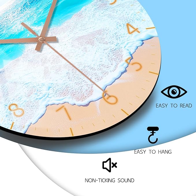 Beach Wall Clock 12 inch Battery Operated Modern Wall-Clock Sea Star Pattern Clocks Analog Wooden Clock Non Ticking for Bedroom, Office Decor