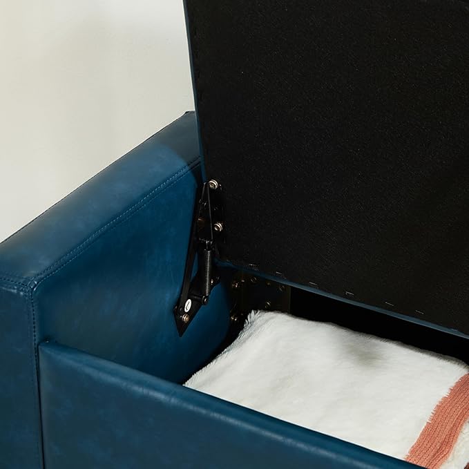 48" Faux Leather Ottoman with Storage, Tufted Storage Ottoman Bench with Safety Hinge, Rectangular Extra Long Bench for Bedroom, Living Room, Entryway and Window, Blue