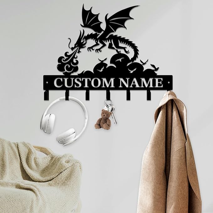 Personalized Evil Dragons Keys Hooks,Custom Name Metal Dragons Art Keys Hooks,Metal Dragons Lover Wall Home Storage Decorative Keys Hooks,Key Holder Hooks for Wall (Style G)