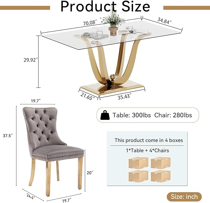 70" Modern Gold Glass Dining Table Set for 4, 5-Piece Rectangle Kitchen Dining Room Table Set with Steel Base & 4 Grey Velvet Upholstered Chairs, Modern Glass Kitchen Table and Chairs Set of 4