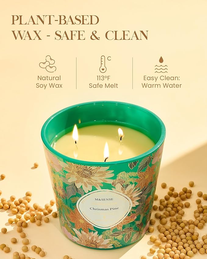 M&SENSE Christmas Pine Scented Candle, 28.2oz 3 Wick Natural Soy Wax Large Candles, Long Lasting Clean Slow Burning No Toxic Décor for Christmas, Romantic Dates & Gift-Giving