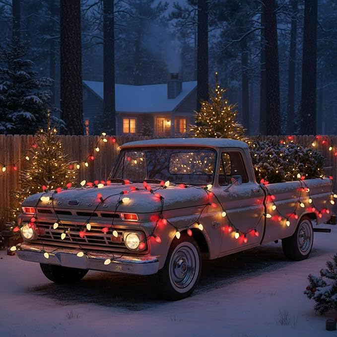 C7 LED Red and White Christmas Lights,25ft Outdoor String Lights with 27 Red White LED Bulbs(2 Spare),Connectable Outside Christmas Lights for Xmas Tree Party Roof Decoration,Green Wire