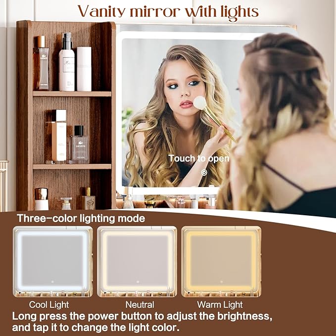 Large Vanity Desk with 3 Color Touch Screen Dimming Mirror, Vanity Desk with Charging Station, Modern Retractable Makeup Dressing Table, Makeup Table With storage shelves and 5 Sliding Drawers, Walnut