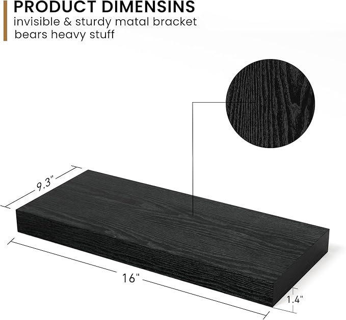 Fun Memories Deep Floating Shelves - 16" W x 9.3" D x 1.6" H Rustic Black Wall Shelf - Wall Mounted Shelves for Storage - Wooden Shelves with Invisible Brackets for Living Room, Farmhouse - Set of 2