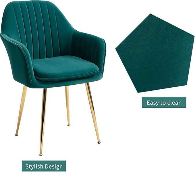 ECOTOUGE Matte Velvet Dining Chairs Set of 6, Modern Arm Chair with Golden Metal Legs, Living Room Accent Chairs for Kitchen, Emerald Green