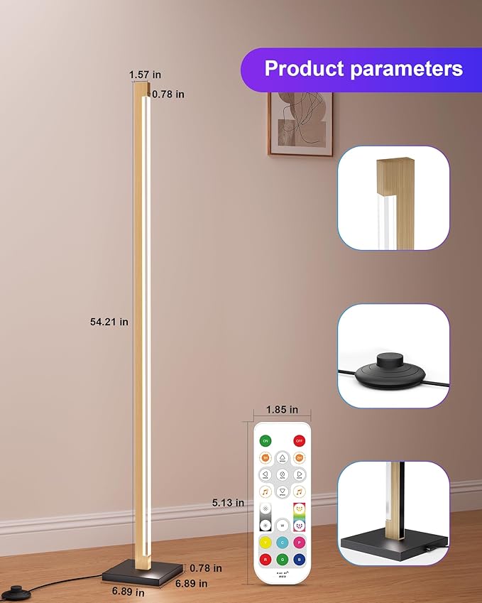 Gold Floor Lamp with Remote, Aluminum LED Corner Floor Lamp with Alexa, Smart Corner Lamp with DIY Music Sync and 16 Million Colors, 3000K and RGB CCT Standing Lamp for Bedroom Living Room