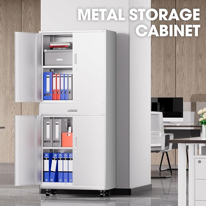 DNA Motoring 73'' Metal Storage Cabinet, Rolling Garage Cabinet with 1 Drawer and Adjustable Shelves, Lockable Heavy Duty Metal Locker for Garage,Office,Home,White, TOOLS-00630-WH-WH-A