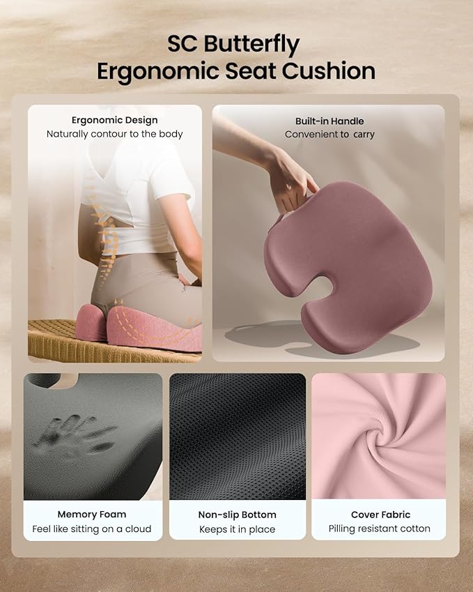 ProtoArc Seat Cushion, Office Chair Cushion for Sciatica, Coccyx Cushion, Ergonomic Memory Foam Seat Cushion for Car, Home, Pressure Relief Pad for Hip, Tailbone, All Day Comfort - Pink