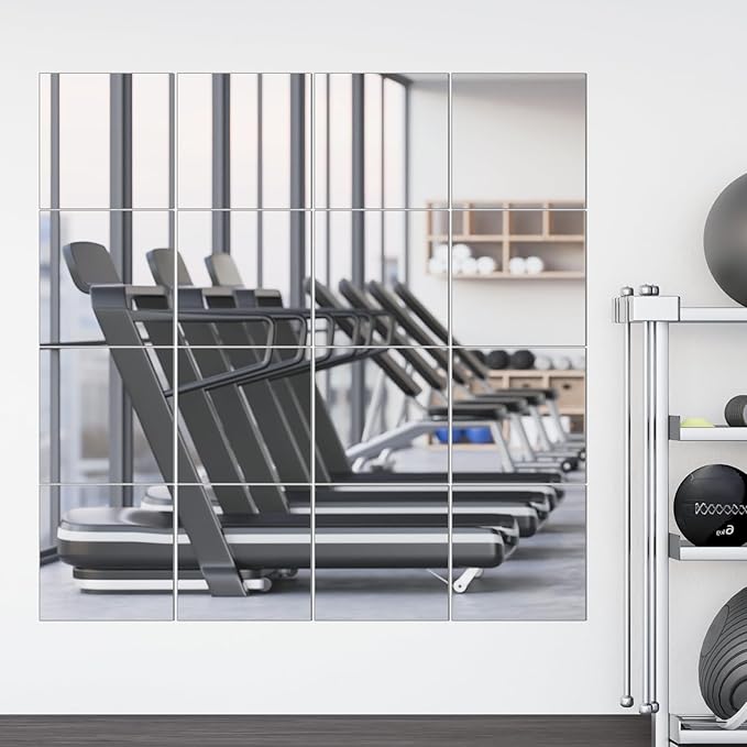 16 Packs Home Gym Mirrors 12'' x 12'' Wall Mounted Mirror Tiles, Square Large Wall Mirror Frameless Full Length Mirror for Home Gym, Bedroom, Door, Bathroom, Living Room