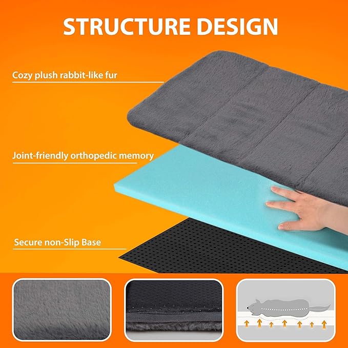 Dog Crate Pad for Large Dogs - Orthopedic Dog Bed with Memory Foam, Washable Soft Warm Pet Mat with Non-Slip Bottom, Grey
