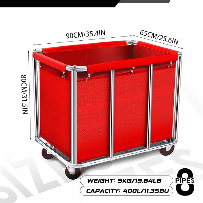 Commercial Laundry Cart with Wheels, 11.35 Bushel Large Rolling Laundry Hamper with Removable Waterproof Canvas Lining Basket, Heavy Duty Stainless Steel Rolling Hampers for Hotels & Hospital