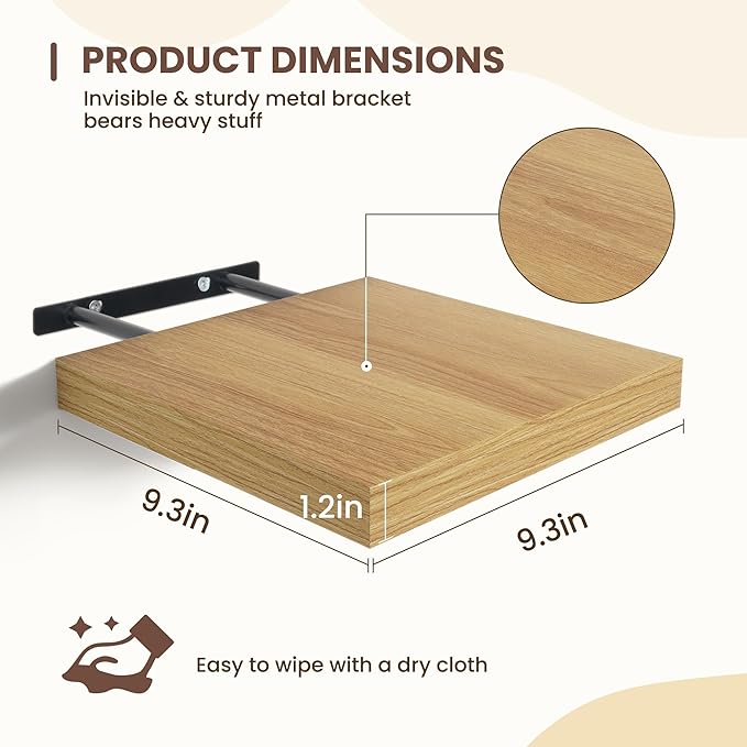 Fun Memories Square Floating Shelves for Wall - 9.3 Inch Deep Floating Shelves with Invisible Brackets, Oak Small Wall Shelf for Living Room, Bathroom, Bedroom, and Kitchen Decor，Set of 4