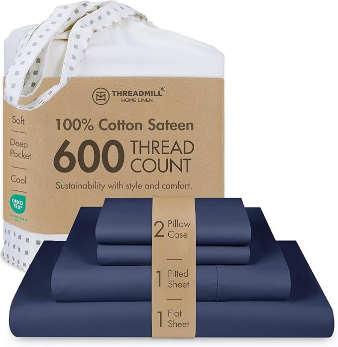 Threadmill 100% Cotton Sheets for Full Size Bed - 600 Thread Count Full Bed Sheets Set with 16” Deep Pocket - Sateen Weave 4-Piece Bedding Set with Cooling Effect, Folkstone Blue