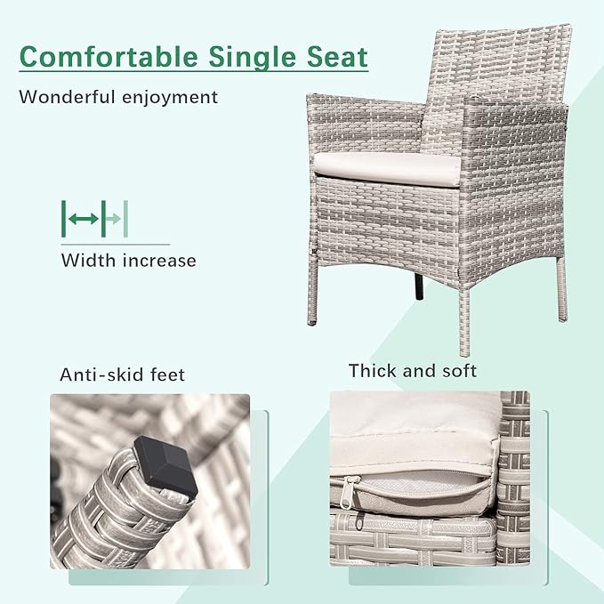 Greesum Patio Furniture 4 Pieces Conversation Sets Outdoor Wickerr Rattan Chairs Garden Backyard Balcony Porch Poolside loveseat with Soft Cushion and Glass Table, Gray and Beige